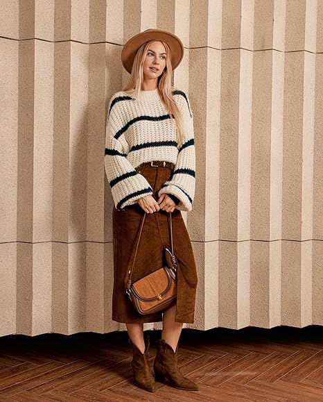 Women Striped Knit Sweater Crew Neck Long Sleeve Jumper Loose Fit Knitwear Tops Sweater for Autumn Winter