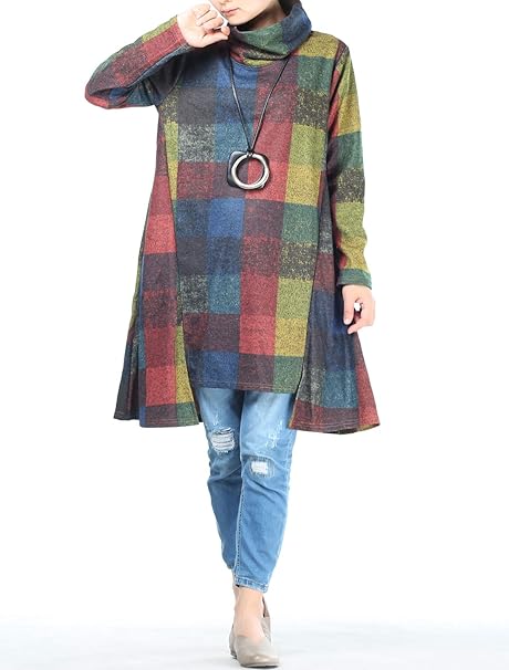 Women's Turtle Neck Jumper Dress Checkered Long Sleeve Cotton Tunic Tops