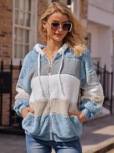 Womens Teddy Hoodies Fleece Jackets Winter Warm Coats Full Zip Stylish Fuzzy Sweatshirt Ladies Casual Jumper Outerwear With Pockets