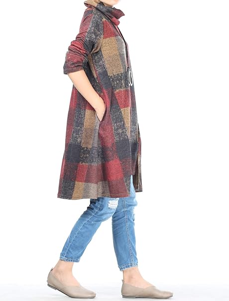 Women's Turtle Neck Jumper Dress Checkered Long Sleeve Cotton Tunic Tops