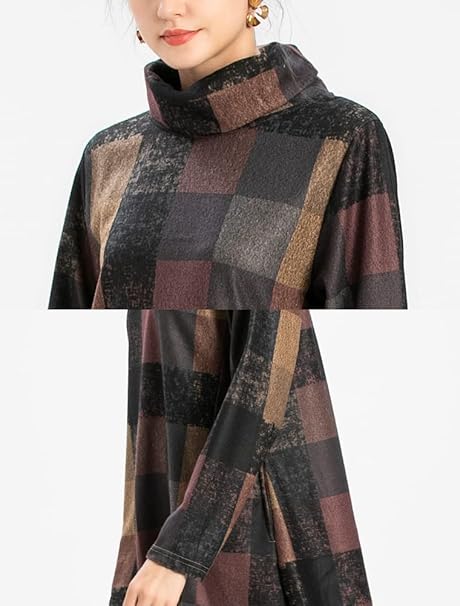 Women's Turtle Neck Jumper Dress Checkered Long Sleeve Cotton Tunic Tops