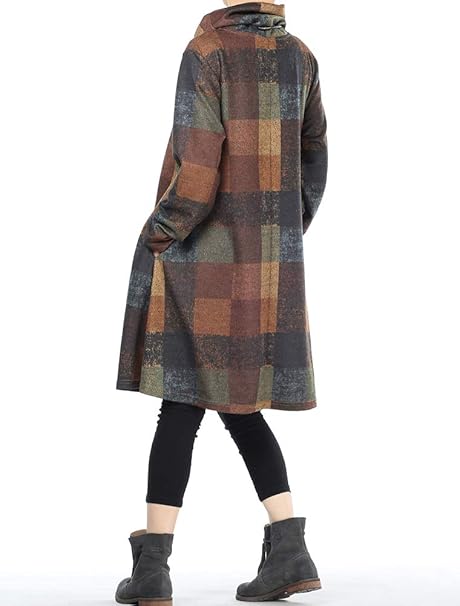 Women's Turtle Neck Jumper Dress Checkered Long Sleeve Cotton Tunic Tops