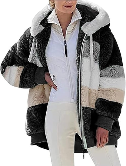 Womens Teddy Hoodies Fleece Jackets Winter Warm Coats Full Zip Stylish Fuzzy Sweatshirt Ladies Casual Jumper Outerwear With Pockets