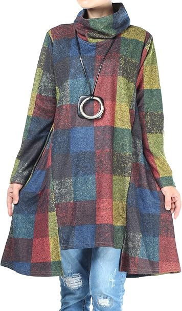 Women's Turtle Neck Jumper Dress Checkered Long Sleeve Cotton Tunic Tops