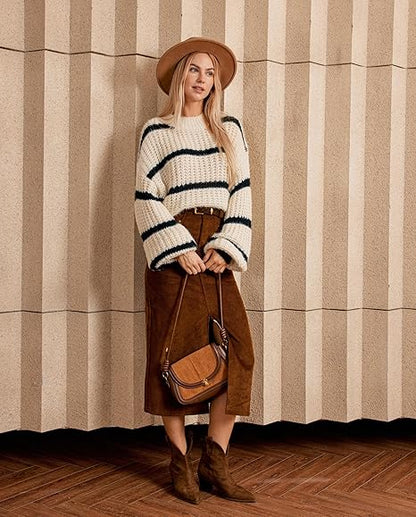Women Striped Knit Sweater Crew Neck Long Sleeve Jumper Loose Fit Knitwear Tops Sweater for Autumn Winter