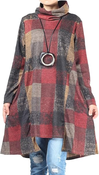 Women's Turtle Neck Jumper Dress Checkered Long Sleeve Cotton Tunic Tops