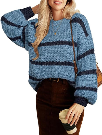 Women Striped Knit Sweater Crew Neck Long Sleeve Jumper Loose Fit Knitwear Tops Sweater for Autumn Winter