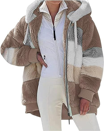 Womens Teddy Hoodies Fleece Jackets Winter Warm Coats Full Zip Stylish Fuzzy Sweatshirt Ladies Casual Jumper Outerwear With Pockets