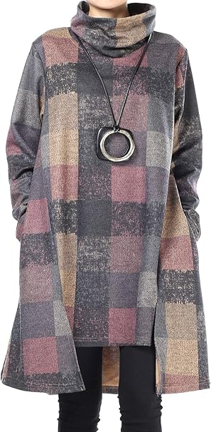Women's Turtle Neck Jumper Dress Checkered Long Sleeve Cotton Tunic Tops