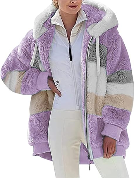 Womens Teddy Hoodies Fleece Jackets Winter Warm Coats Full Zip Stylish Fuzzy Sweatshirt Ladies Casual Jumper Outerwear With Pockets
