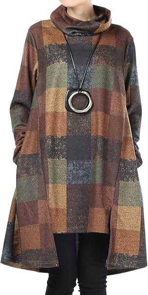 Women's Turtle Neck Jumper Dress Checkered Long Sleeve Cotton Tunic Tops